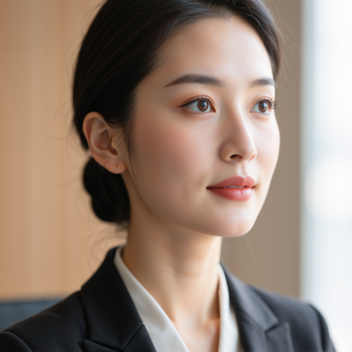 三十岁左右女性设计师头像，穿黑色职业装，浅色背景，专注工作表情，体现专业设计能力，柔和光线